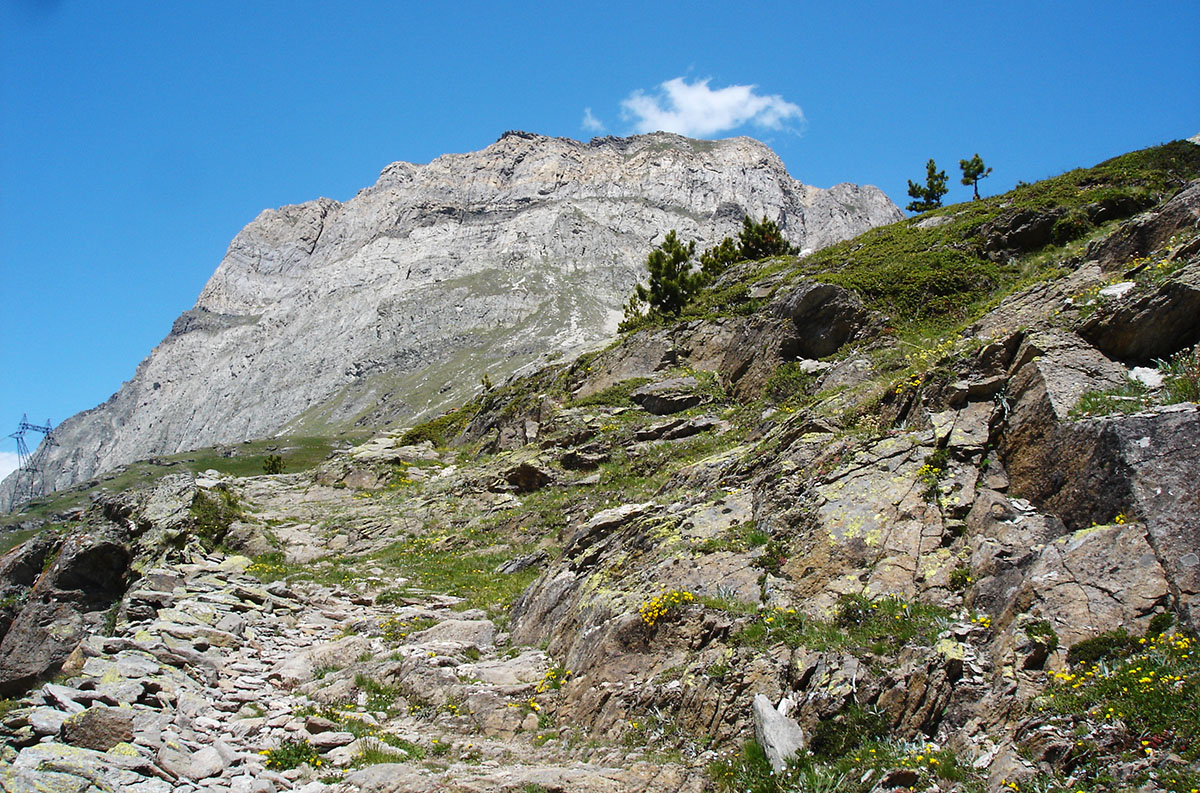 Il selciato della mulattiera e, sullo sfondo, Pointe de Bellecombe